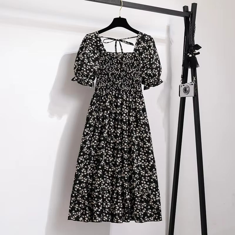 Chiffon A-Line Dresses for Women - Spring/Summer Collection with Elastic Waist and Short Sleeves