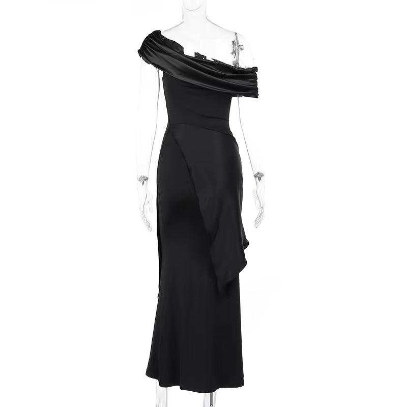 Elegant Black Slash Neck Maxi Dress for Women - Short Sleeve Bodycon Evening Wear
