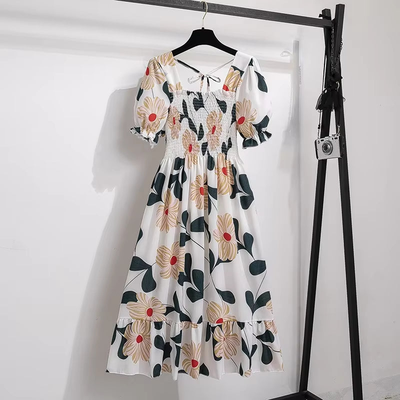 Chiffon A-Line Dresses for Women - Spring/Summer Collection with Elastic Waist and Short Sleeves
