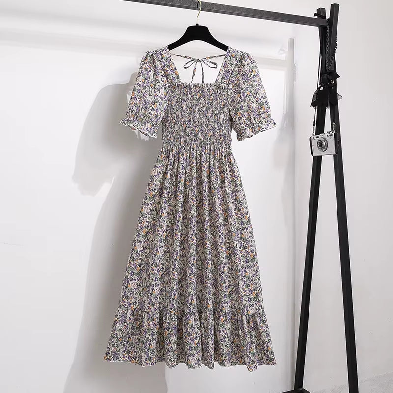 Chiffon A-Line Dresses for Women - Spring/Summer Collection with Elastic Waist and Short Sleeves