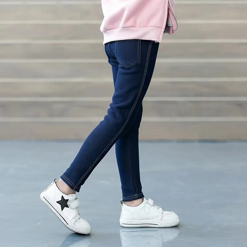Girls' Winter Cowboy Denim Bootcut Leggings with Fleece Lining and Elastic Waist