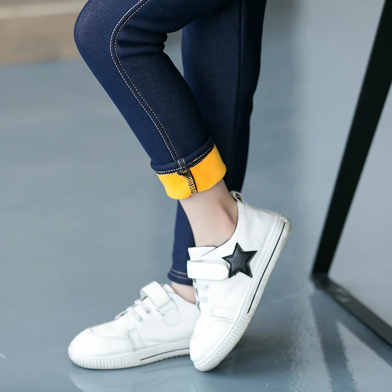 Girls' Winter Cowboy Denim Bootcut Leggings with Fleece Lining and Elastic Waist