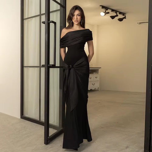 Elegant Black Slash Neck Maxi Dress for Women - Short Sleeve Bodycon Evening Wear