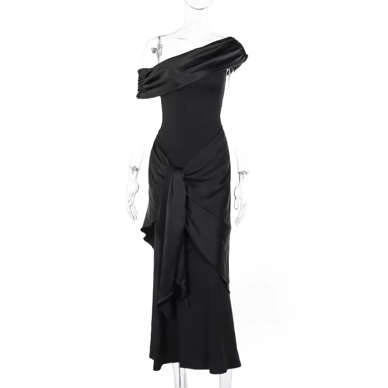 Elegant Black Slash Neck Maxi Dress for Women - Short Sleeve Bodycon Evening Wear